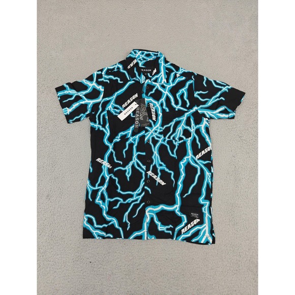 Reason Other - Reason Shirt Mens Small Black Lightning Print Button Up Short‎ Sleeve AZWT-006